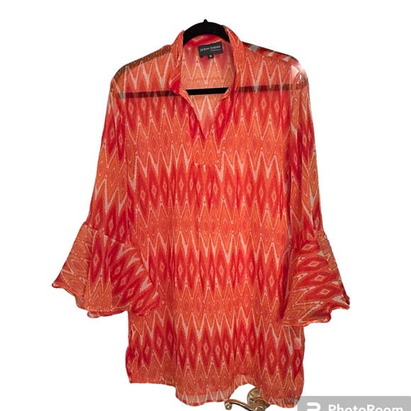 The Royal Standard Orange & Red Ikat Sheer Tunic Blouse Size XL - Picture 1 of 9